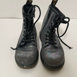 Little girls doc martins combat boots. Shiny silver color. Size 11. Used